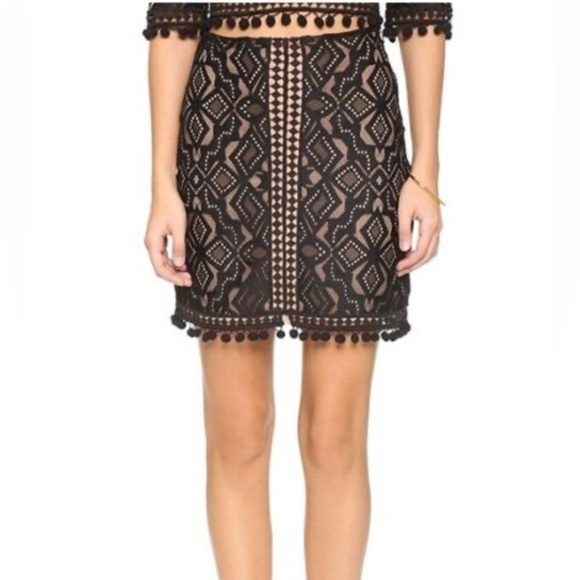 For Love and Lemons|Florence Lace Pencil Mini Skirt with Pom Pom Tassel Detail• - Picture 1 of 14